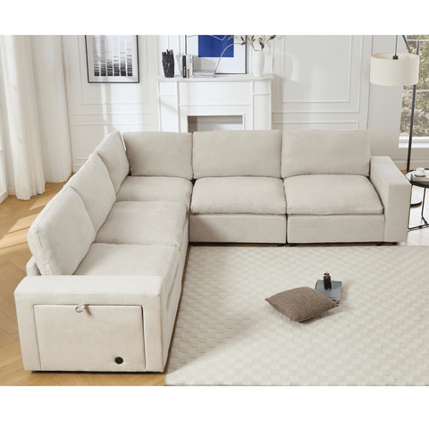 Beige sectional couch for living room with soft linen fabric, L-shaped modular design, wireless charging ports, cup holders, and built-in book storage, seating 5 people.