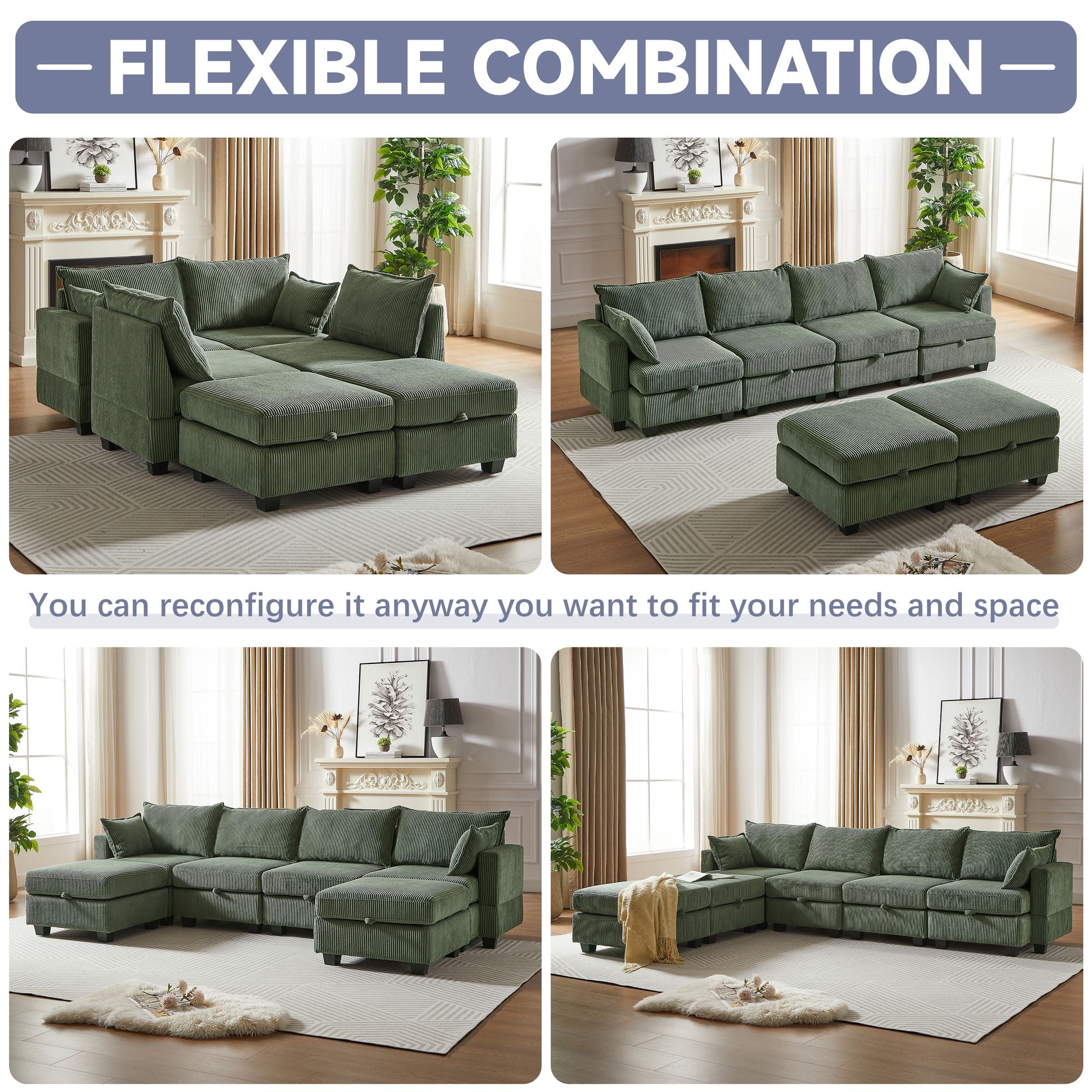 Green corduroy 6-seat modular sectional sofa with chaise and storage ottoman in flexible U and L-shaped configurations for living room.