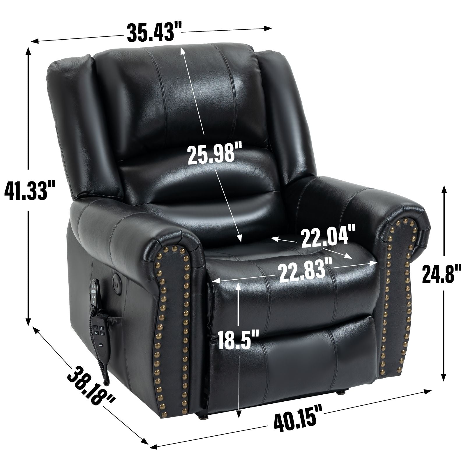 Black genuine leather power lift recliner chair with dual motor, USB ports, massage and heat functions, heavy duty frame, American design, dimensions displayed