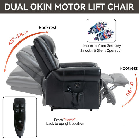 Black genuine leather power lift recliner chair with dual motor, adjustable backrest and footrest, and remote control for smooth operation.