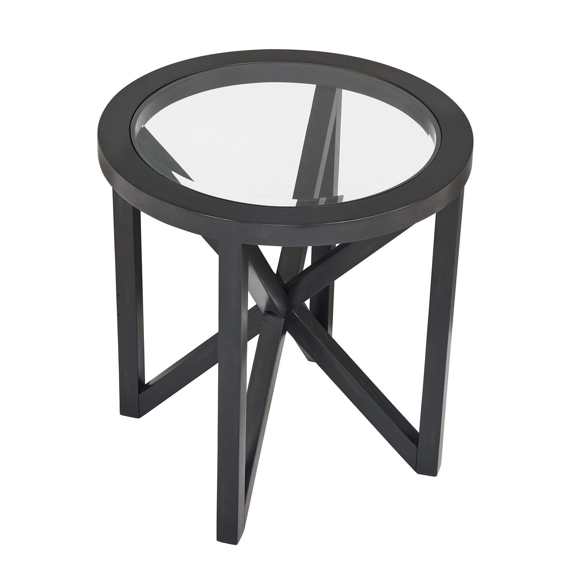 Modern simple glass coffee table with round tempered glass top and black solid wood base for living room or study.