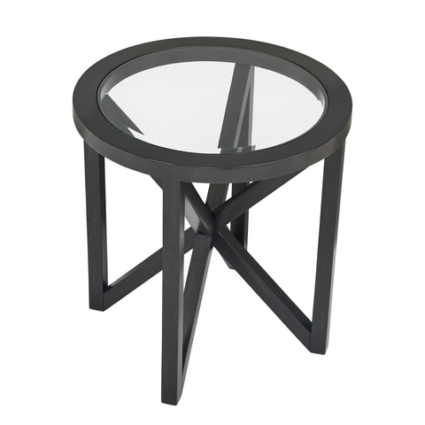 Modern simple glass coffee table with round tempered glass top and black solid wood base for living room or study.