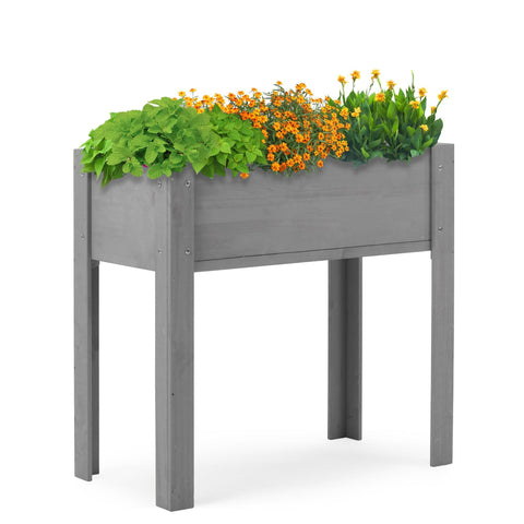 Grey solid wood raised garden bed with legs, elevated planter box for outdoor flowers, herbs, and vegetables