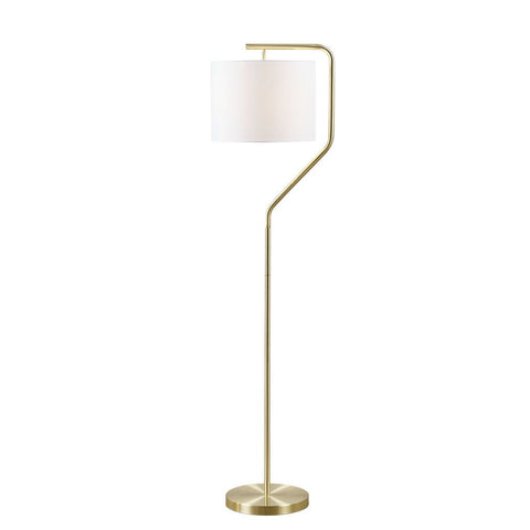 Angular arched metal floor lamp with gold finish and white drum shade