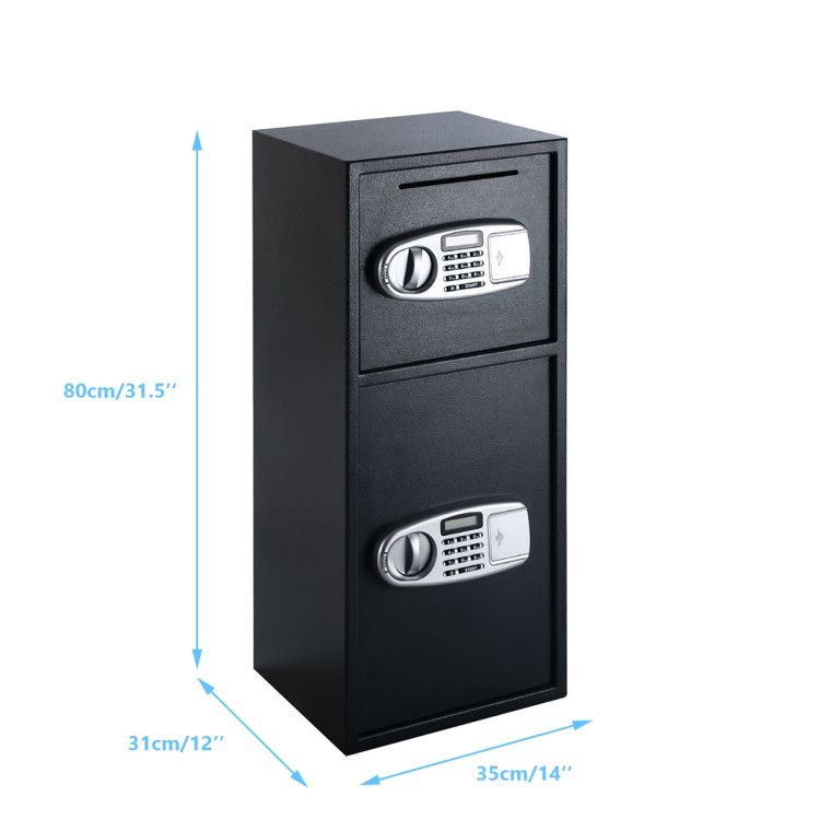 Black digital safe box with two separate doors, electronic keypad locks, and deposit slot, designed for secure storage of valuables at home or office.