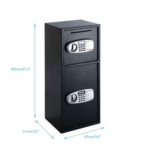 Black digital safe box with two separate doors, electronic keypad locks, and deposit slot, designed for secure storage of valuables at home or office.