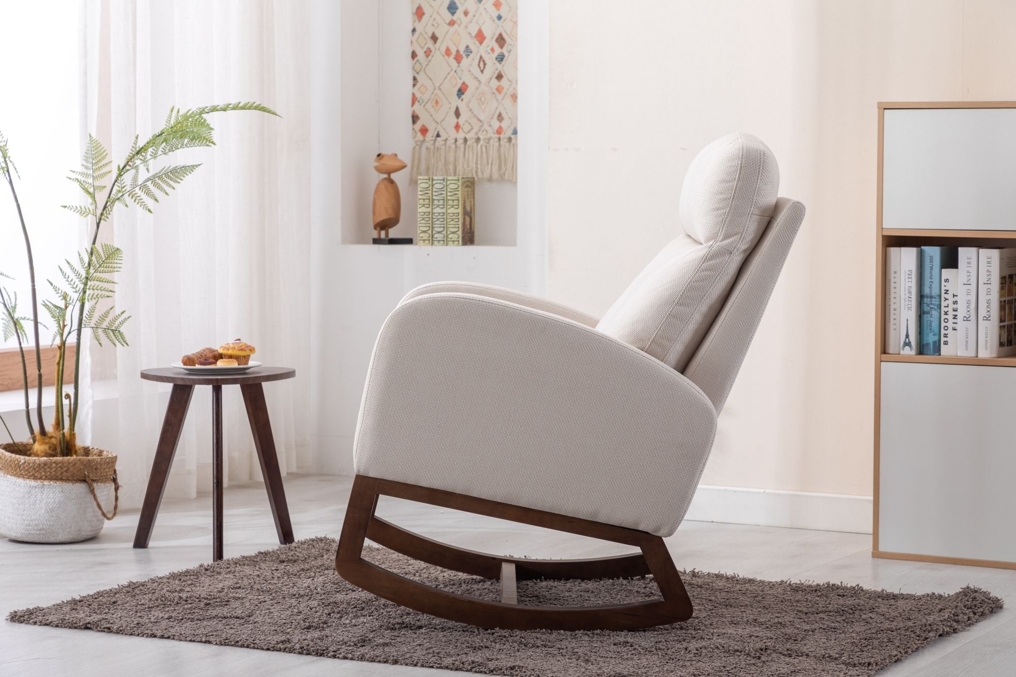 Modern beige COOLMORE Rocking Chair with wooden legs, high back, and side pocket in a cozy living room setting.