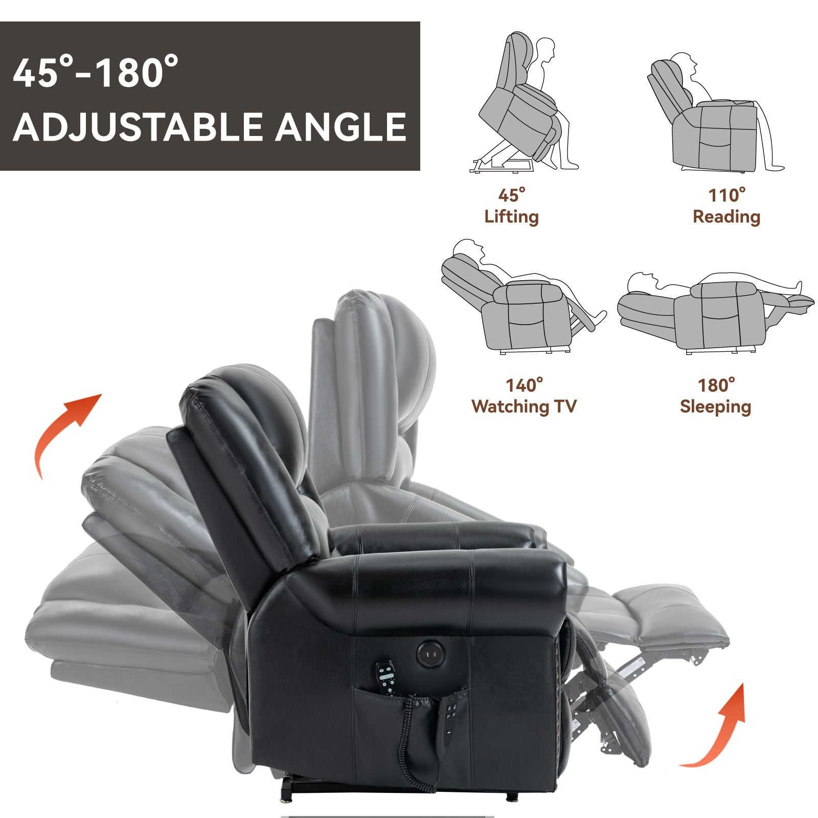 Black genuine leather power lift recliner chair with adjustable angles from 45 to 180 degrees and USB charging ports