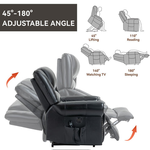 Black genuine leather power lift recliner chair with adjustable angles from 45 to 180 degrees and USB charging ports