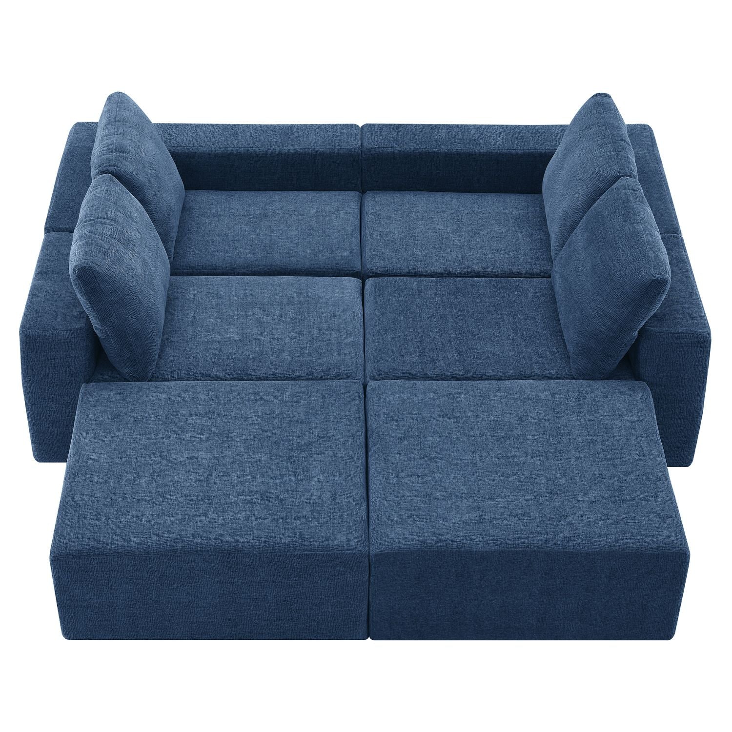 Navy blue luxury modular U-shape chenille sectional sofa with ottomans, six-seat capacity, plush cushions, and square armrests.