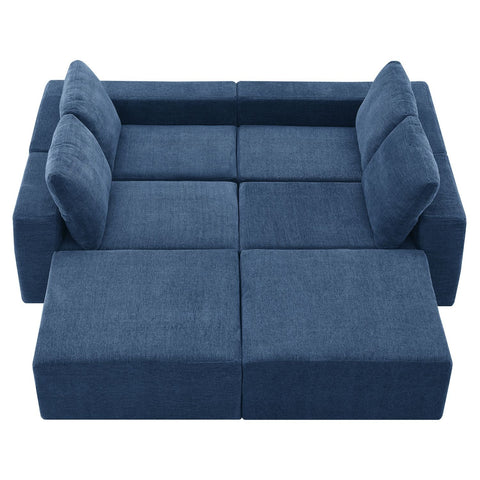 Navy blue luxury modular U-shape chenille sectional sofa with ottomans, six-seat capacity, plush cushions, and square armrests.