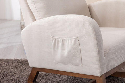 Beige COOLMORE Rocking Chair with wooden legs, side pocket, and cushioned armrests in modern nursery setting