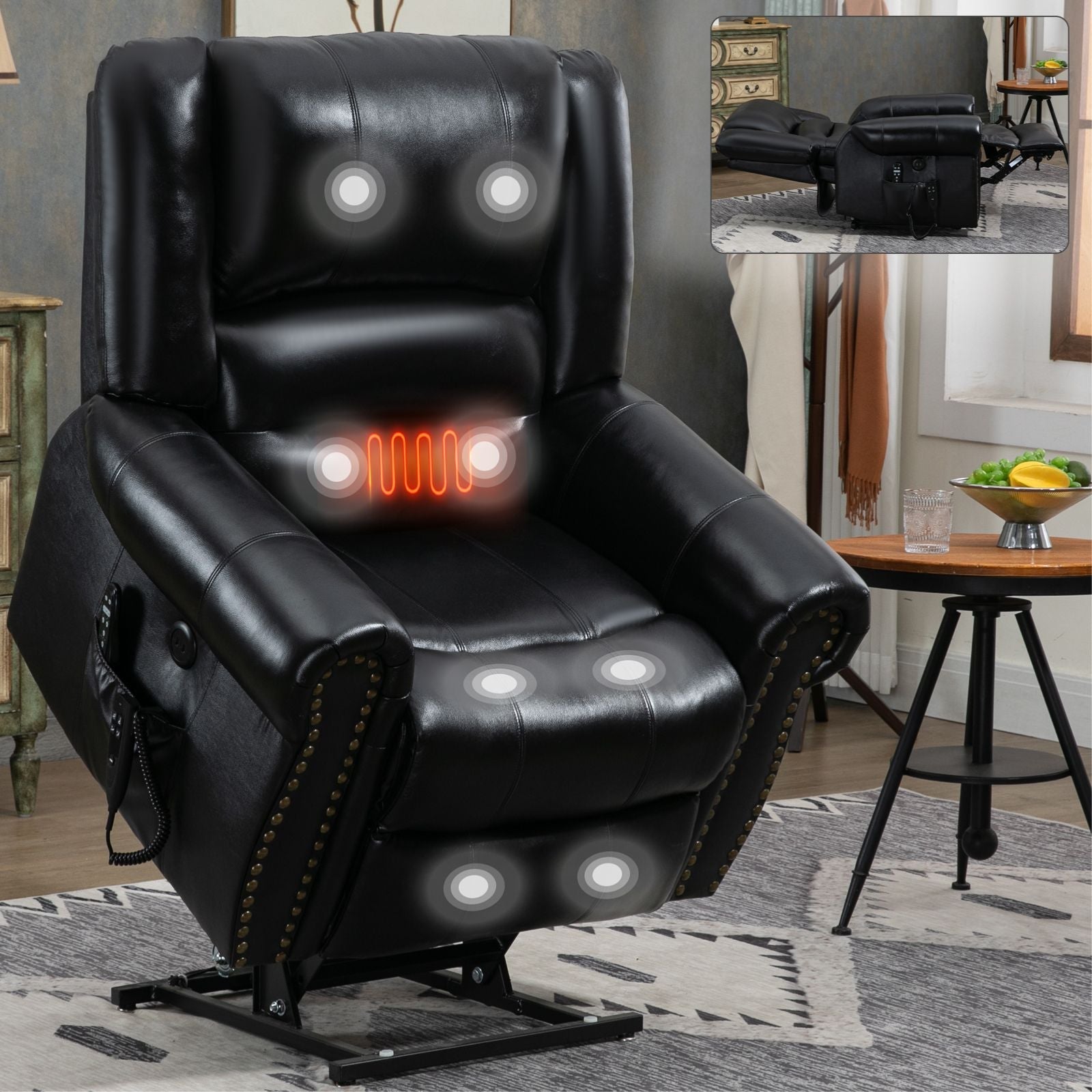 Black genuine leather power lift recliner chair with heat massage, dual motor, USB ports, and pillow back design in living room setting