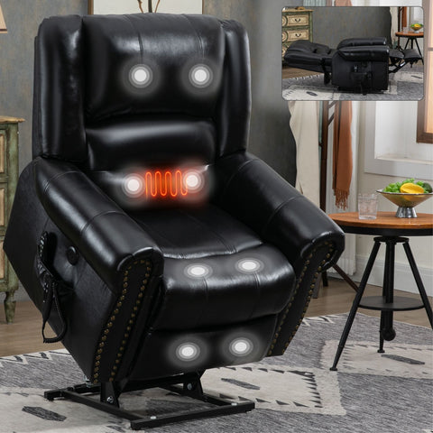 Black genuine leather power lift recliner chair with heat massage, dual motor, USB ports, and pillow back design in living room setting