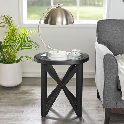 Modern simple glass round coffee table with tempered glass top and black wooden base for living room