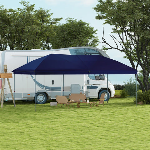 Outsunny 10' x 19' blue pop up canopy with steel frame set up outdoors near RV for shade at event or party