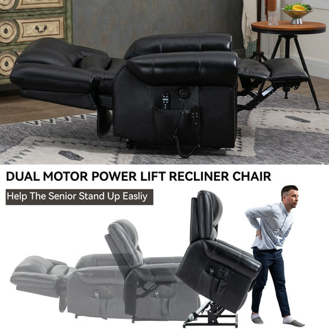Black genuine leather power lift recliner chair with dual motor, massage, heat, USB ports, and pillow top arms designed for easy standing and reclining up to 350 lbs.