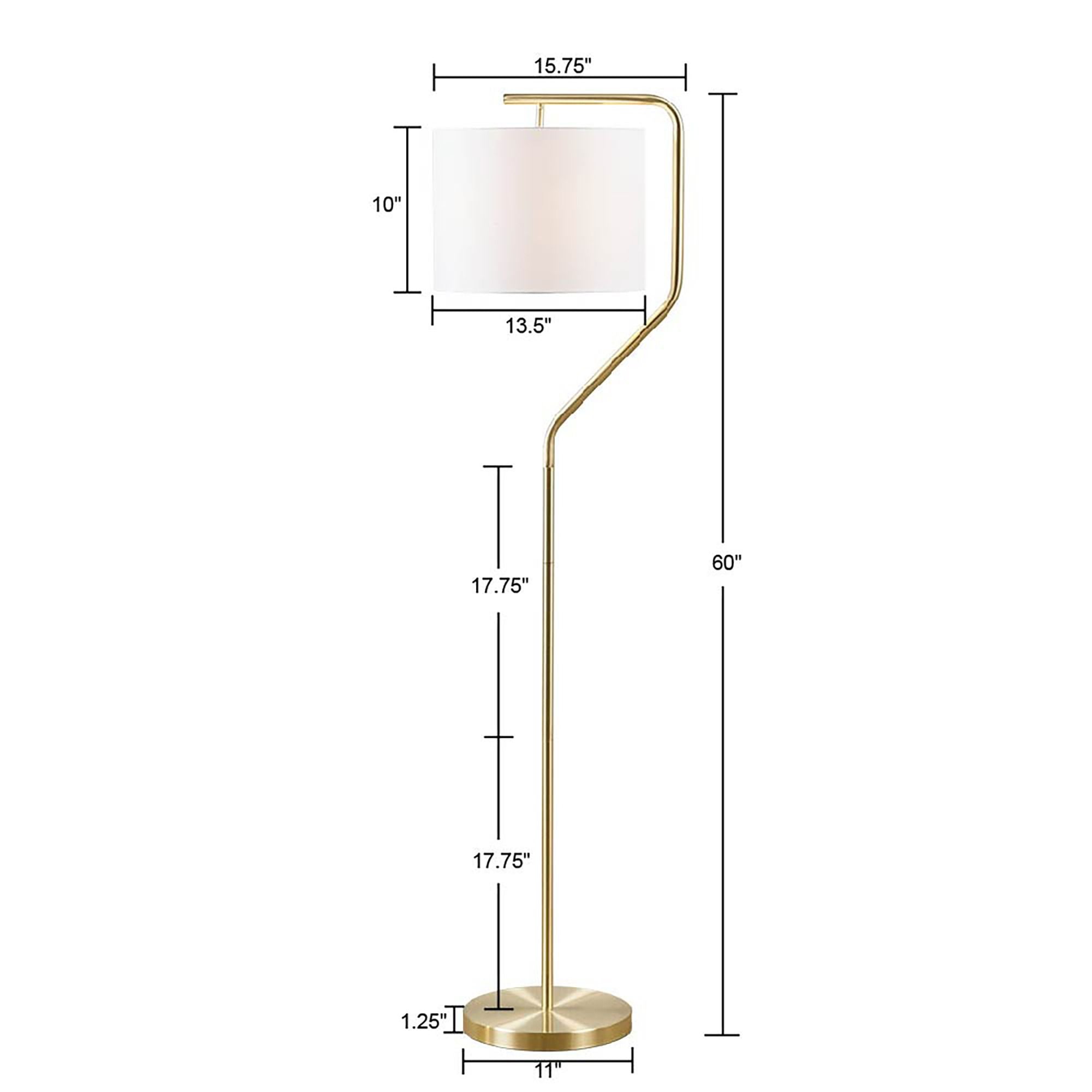 Gold angular arched metal floor lamp with white drum shade and dimensions labeled