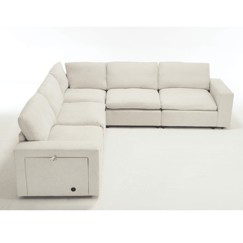 Beige sectional couch for living room with L-shaped modular design, soft linen fabric, wireless charging ports, cup holders, and book storage space, seating for five.