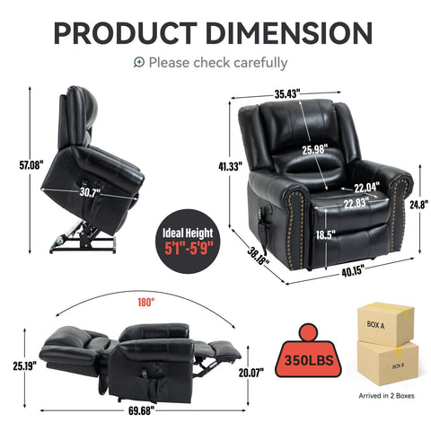 Black genuine leather power lift recliner chair with dual motors, USB ports, massage and heat functions, heavy-duty frame supporting up to 350 lbs, adjustable to infinite positions including full recline.