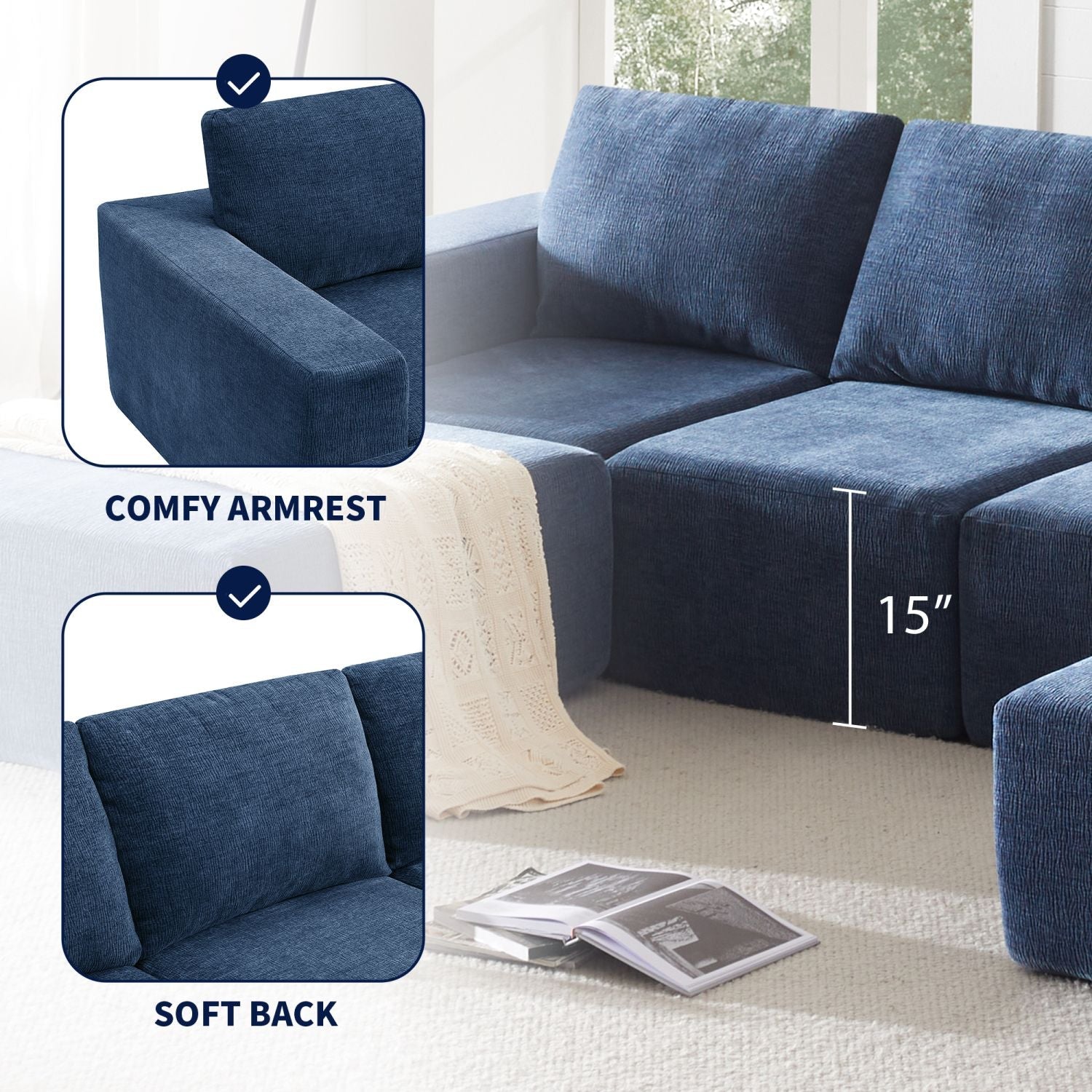 Navy chenille modular U-shaped sectional sofa with comfy armrests and soft back cushions, 15-inch seat height, stylish and spacious living room seating for six.