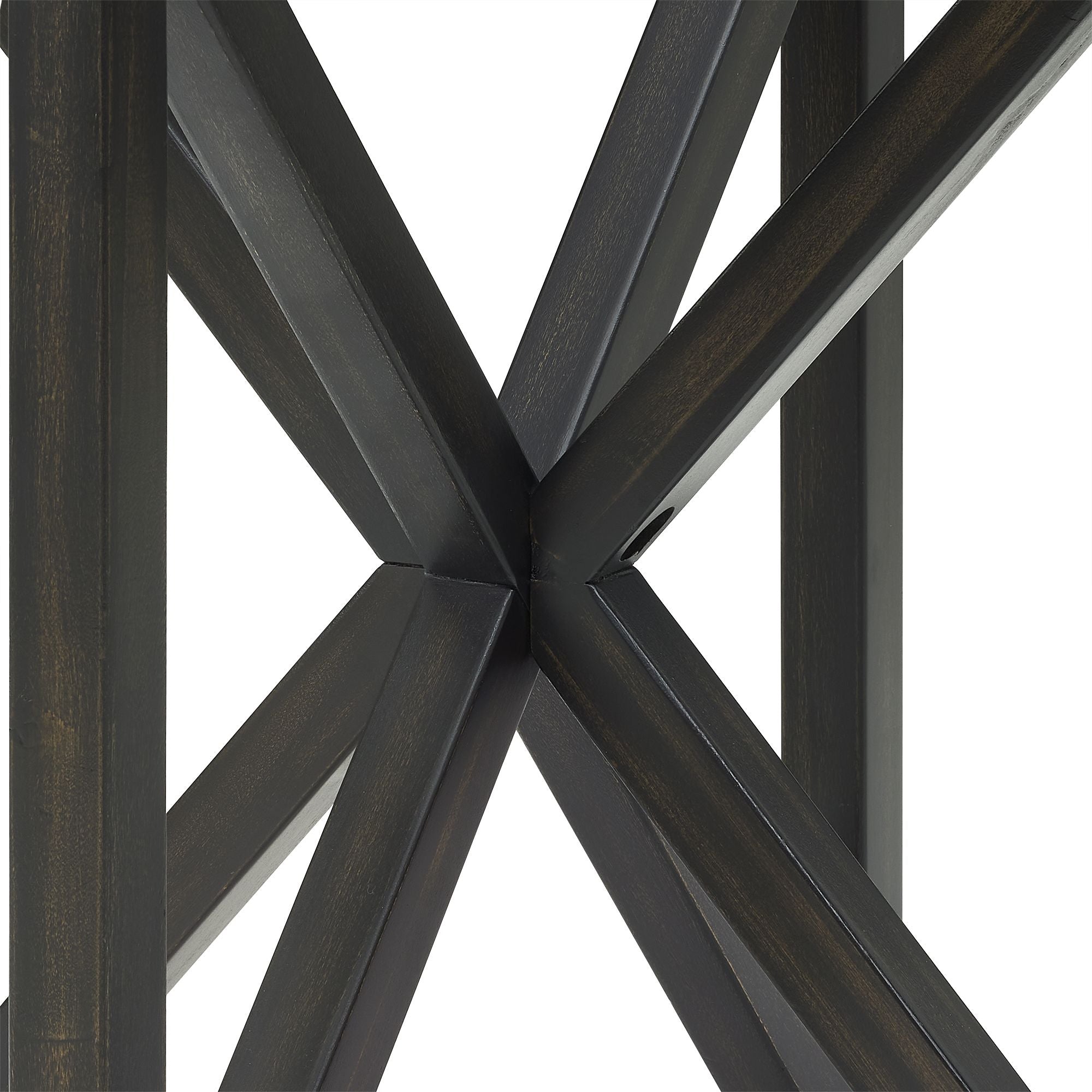 close-up of black solid wood base with intersecting modern simple glass coffee table legs