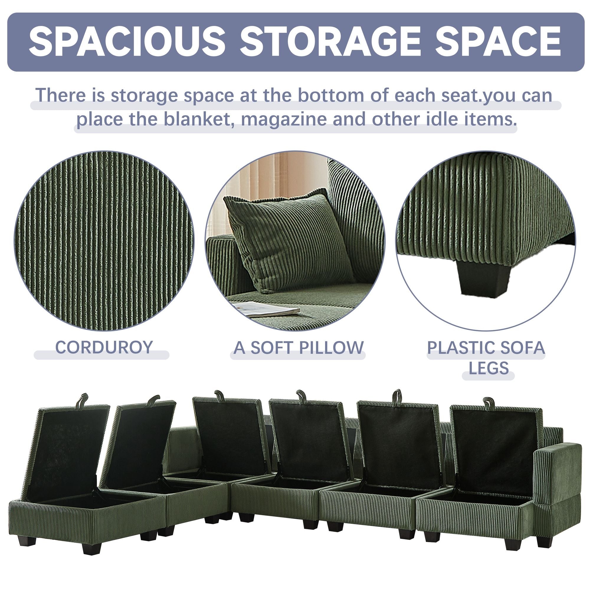 Green corduroy modular sectional sofa with six seats, U-shaped design, and ample under-seat storage compartments with soft pillows and plastic legs.