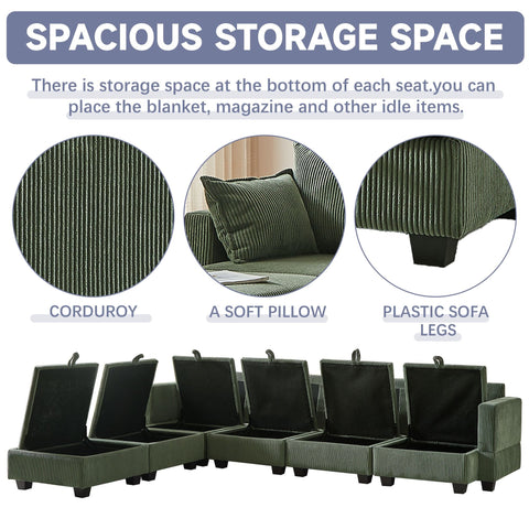 Green corduroy modular sectional sofa with six seats, U-shaped design, and ample under-seat storage compartments with soft pillows and plastic legs.