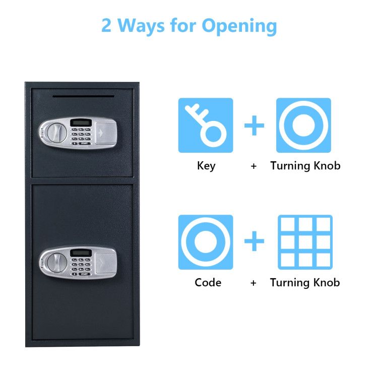 Digital safe box with two electronic keypad doors and turning knob locks, black steel construction, dual compartments for secure storage.