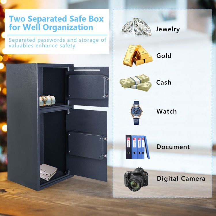 Digital Safe Box with two separate compartments for secure storage of jewelry, gold, cash, watch, documents, and digital camera.