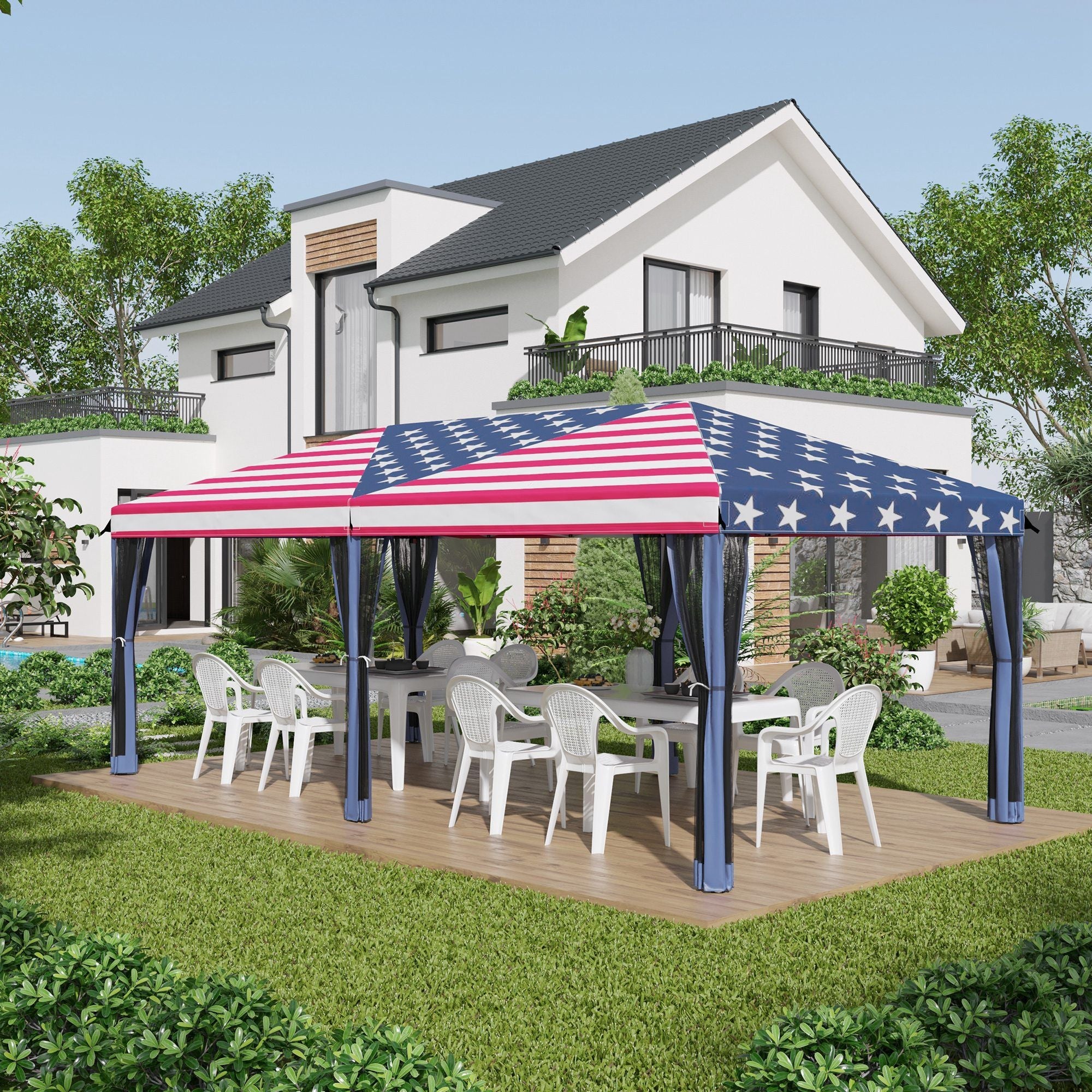 Patriotic 10x20 pop-up canopy tent with American flag design, mesh sidewalls, and sturdy steel frame set up outdoors with white chairs and table.