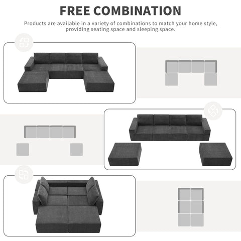 Luxury modular U shaped sectional sofa in dark gray chenille fabric with ottomans, spacious 6-seat design, no assembly required.