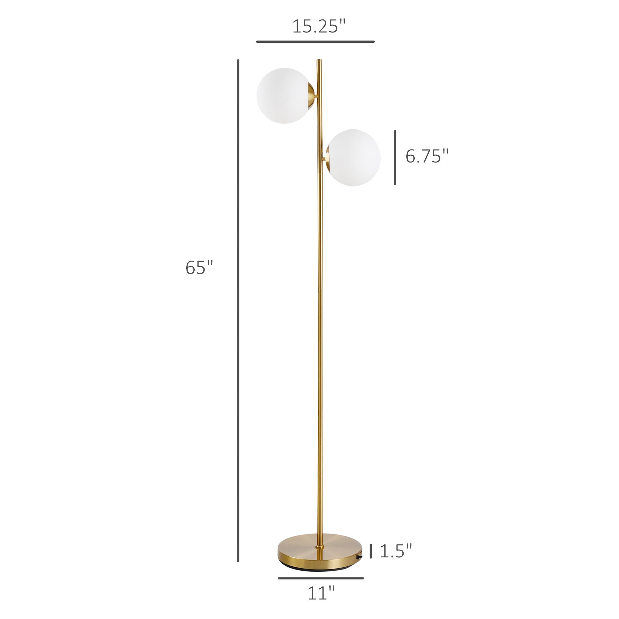 HOMCOM decorative floor lamp with white glass globe shades and gold metal body, modern design with dual adjustable lampshades for living room or bedroom lighting.
