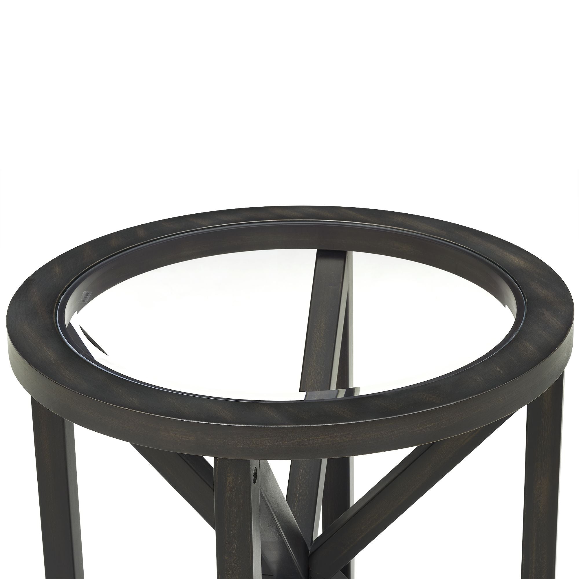 modern simple glass coffee table with round tempered glass top and dark solid wood base