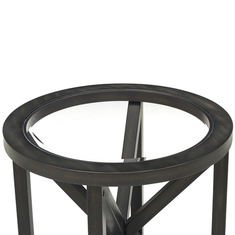 modern simple glass coffee table with round tempered glass top and dark solid wood base