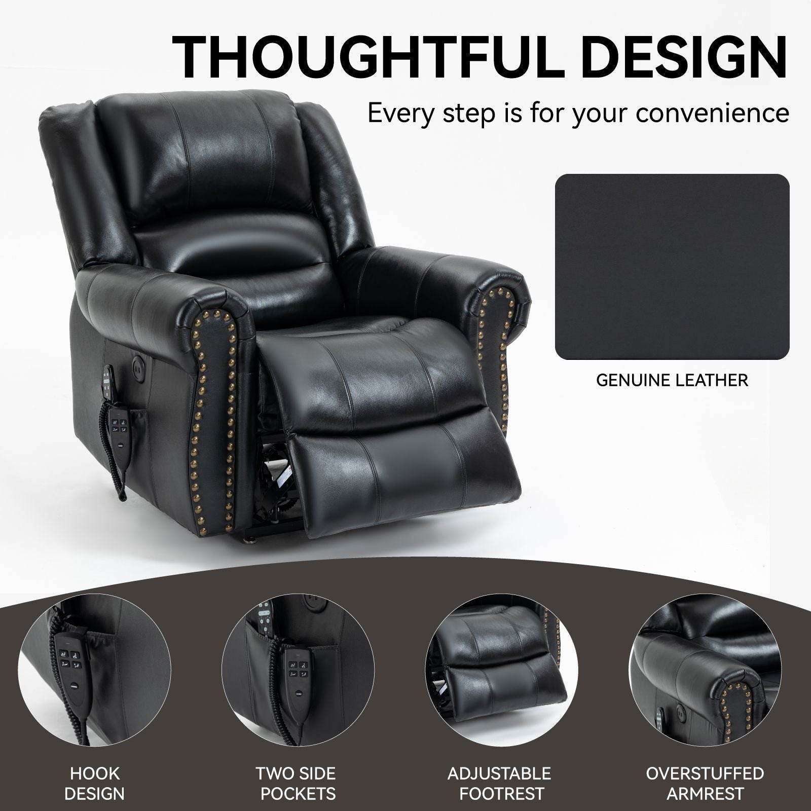 Black genuine leather power lift recliner chair with dual motor, USB ports, adjustable pillow back and overstuffed armrests