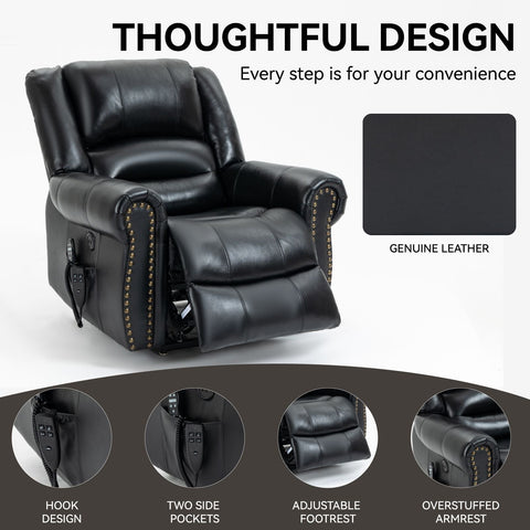 Black genuine leather power lift recliner chair with dual motor, USB ports, adjustable pillow back and overstuffed armrests