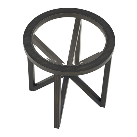 Modern simple glass coffee table with round tempered glass top and solid wood base in black finish