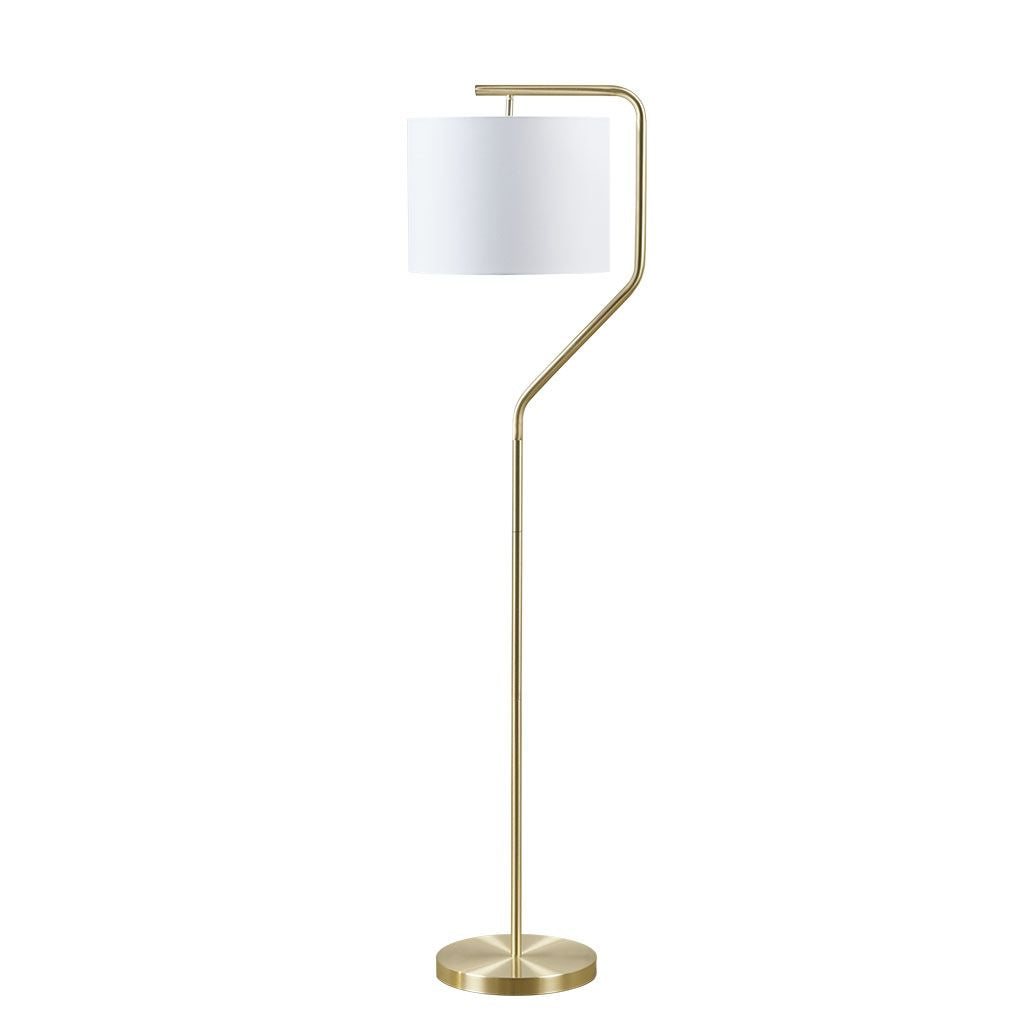 Gold angular arched metal floor lamp with white drum shade and clear cord