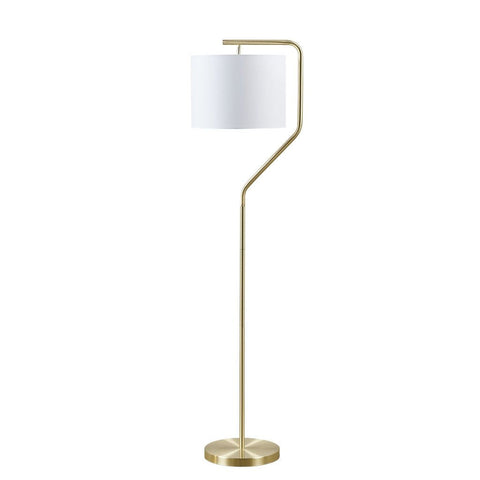 Gold angular arched metal floor lamp with white drum shade and clear cord