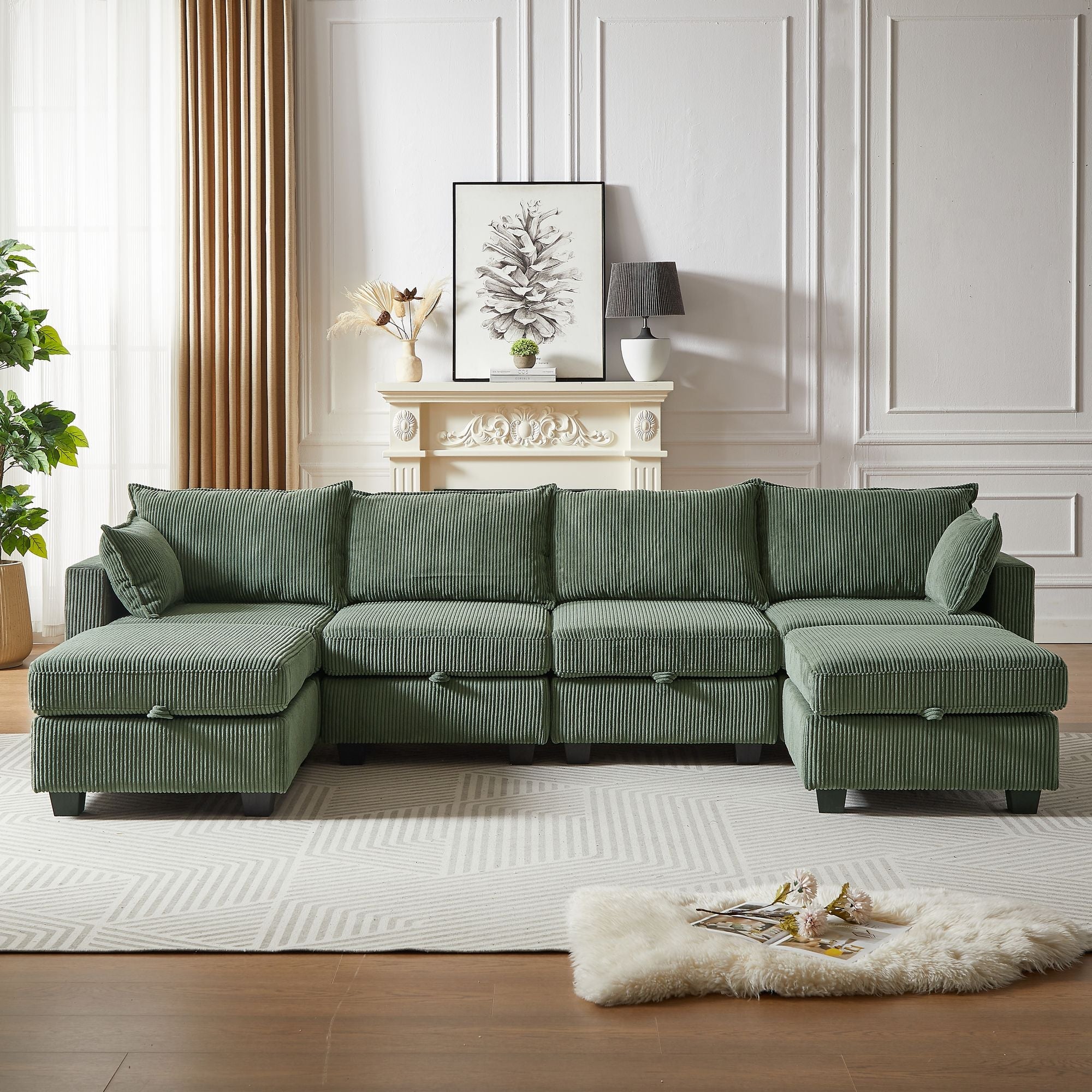 Green 6-seat modular sectional sofa with corduroy upholstery, U-shaped design, storage ottoman, and chaise for living room.