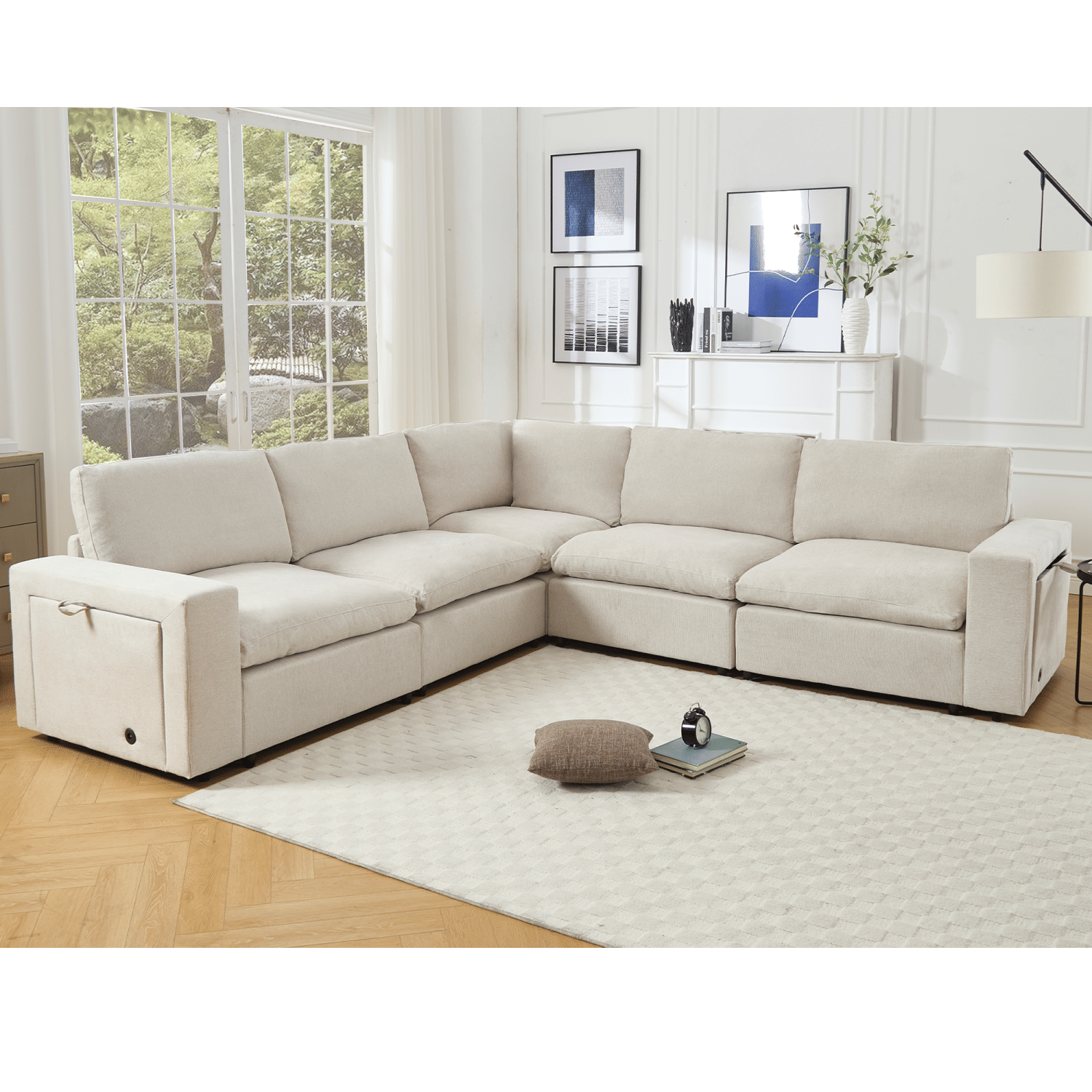Beige 5-seat L-shaped sectional couch for living room with soft linen fabric, wireless charging ports, cup holders, and book storage space.
