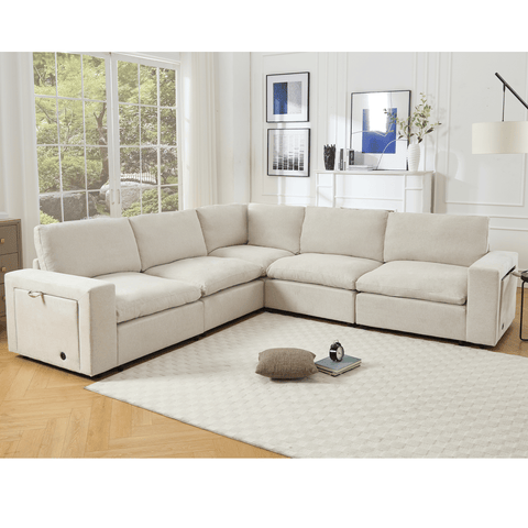 Beige 5-seat L-shaped sectional couch for living room with soft linen fabric, wireless charging ports, cup holders, and book storage space.
