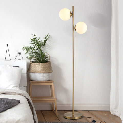 HOMCOM decorative floor lamp with two white glass globe shades and gold metal pole, modern lighting for living room or bedroom