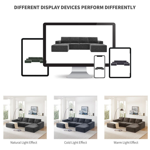 Luxury modular U-shaped sectional sofa in dark gray chenille fabric with ottomans, seating six, no assembly required.