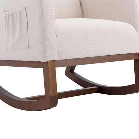 Close-up of COOLMORE rocking chair beige linen upholstery with solid wood rocking base and side pocket