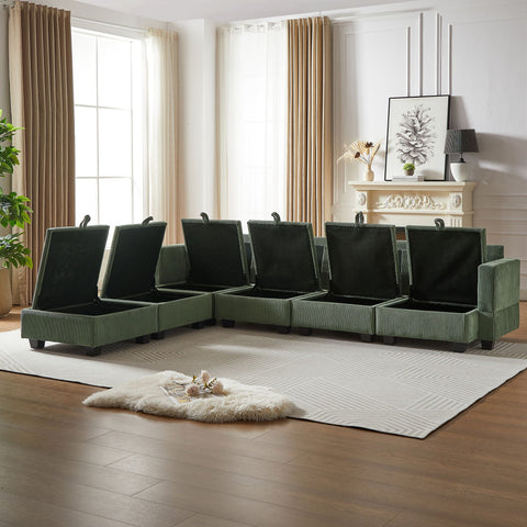 Green 6-seat modular sectional sofa in corduroy fabric with storage ottomans open, arranged in U-shape in bright living room.