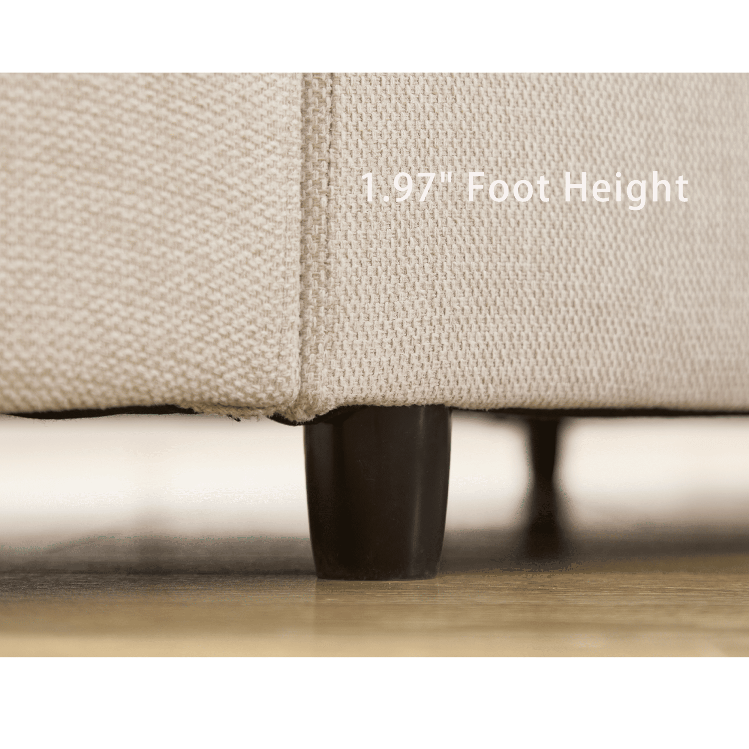 Close-up of beige sectional couch foot with 1.97-inch height on hardwood floor