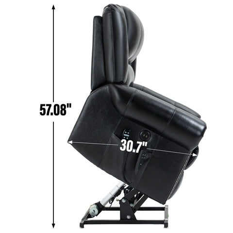 Black genuine leather power lift recliner chair with dual motor, USB ports, massage and heat functions, heavy-duty metal frame.