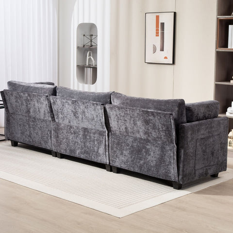 Ultra-soft dark grey XXXL 3-seater chenille sofa with pillow back and side storage pocket in modern living room setting
